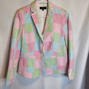 Talbots Petite Blazer 4P Patchwork Seersucker Striped Pastel Cotton Jacket